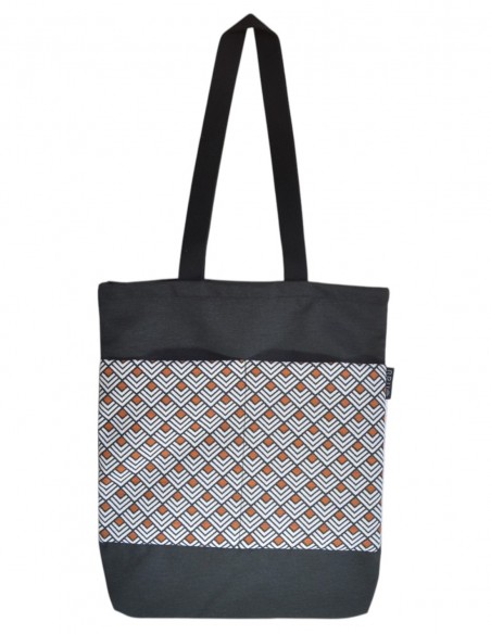Tote bag con bolsillos rombos naranja, negra - CHIPRE